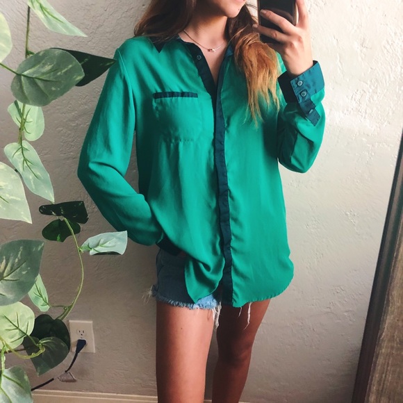 Free People Tops - free people emerald green button down collared top